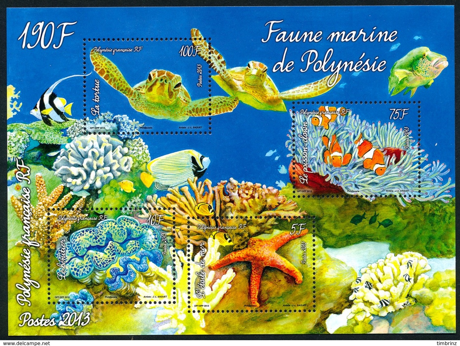 POLYNESIE 2013 - Yv. BF 39 (1029 à 1032) ** SUP  Cote= 4,70 EUR - Faune Marine.Journée De L'Océan  ..Réf.POL24283 - Blocs-feuillets