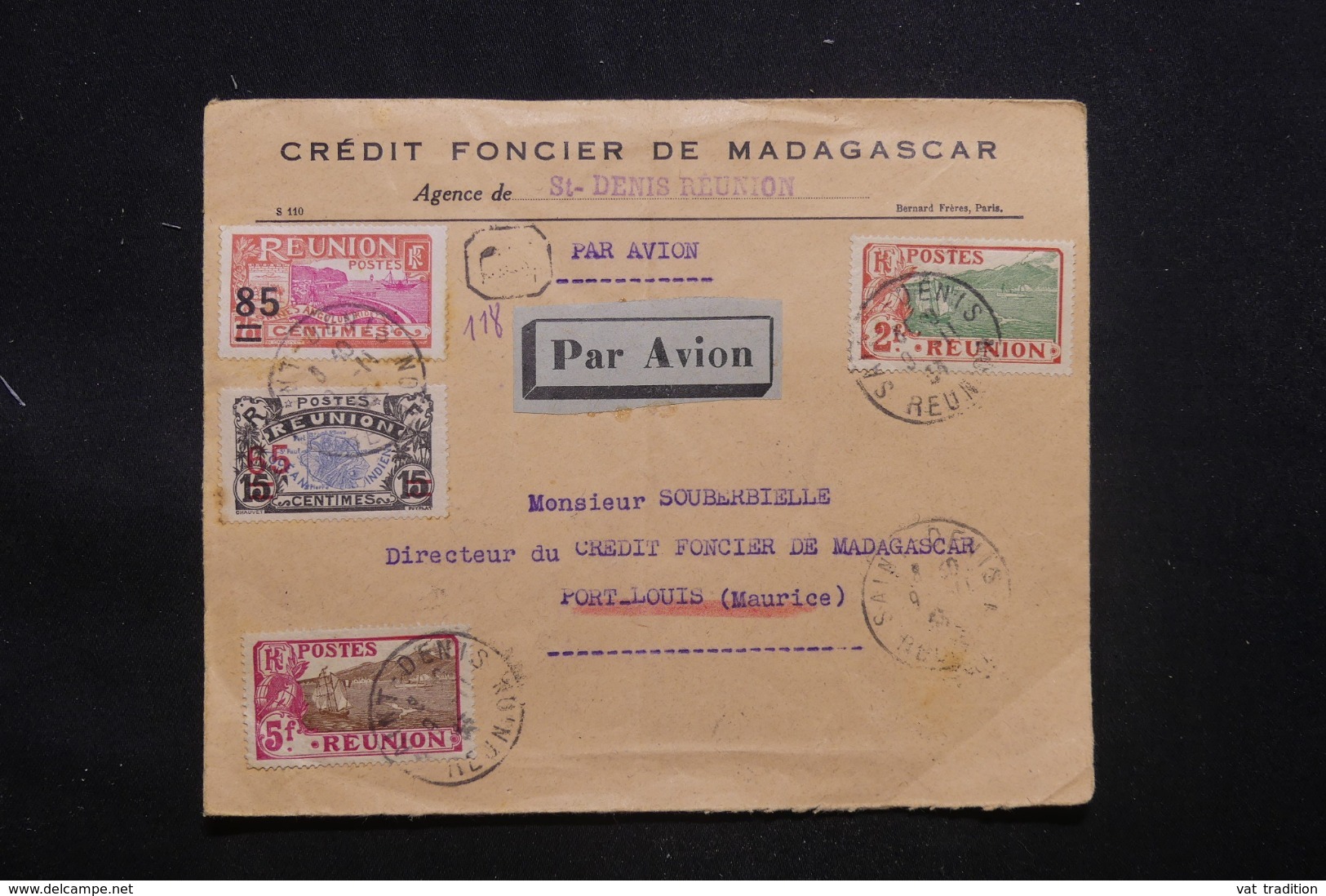 RÉUNION - Enveloppe Commerciale En Reco. De Saint Denis Pour Port Louis En 1933 , Affranchissement Plaisant - L 43351 - Lettres & Documents