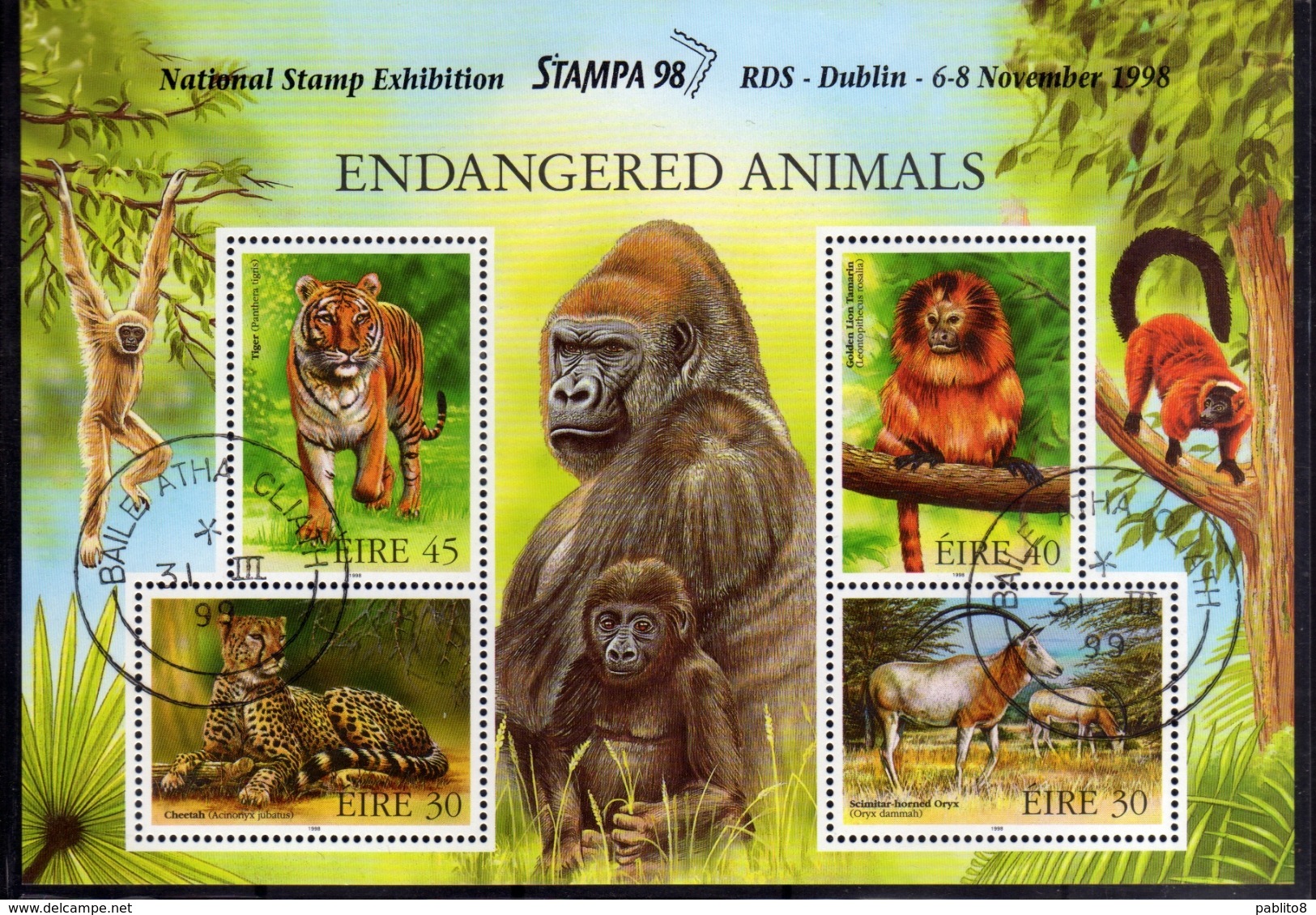 EIRE IRELAND IRLANDA 1998 FAUNA ENDANGERED ANIMALS STAMPA 98 BLOCK SHEET BLOCCO FOGLIETTO FIRST DAY SPECIAL CANCEL FDC - Blocchi & Foglietti