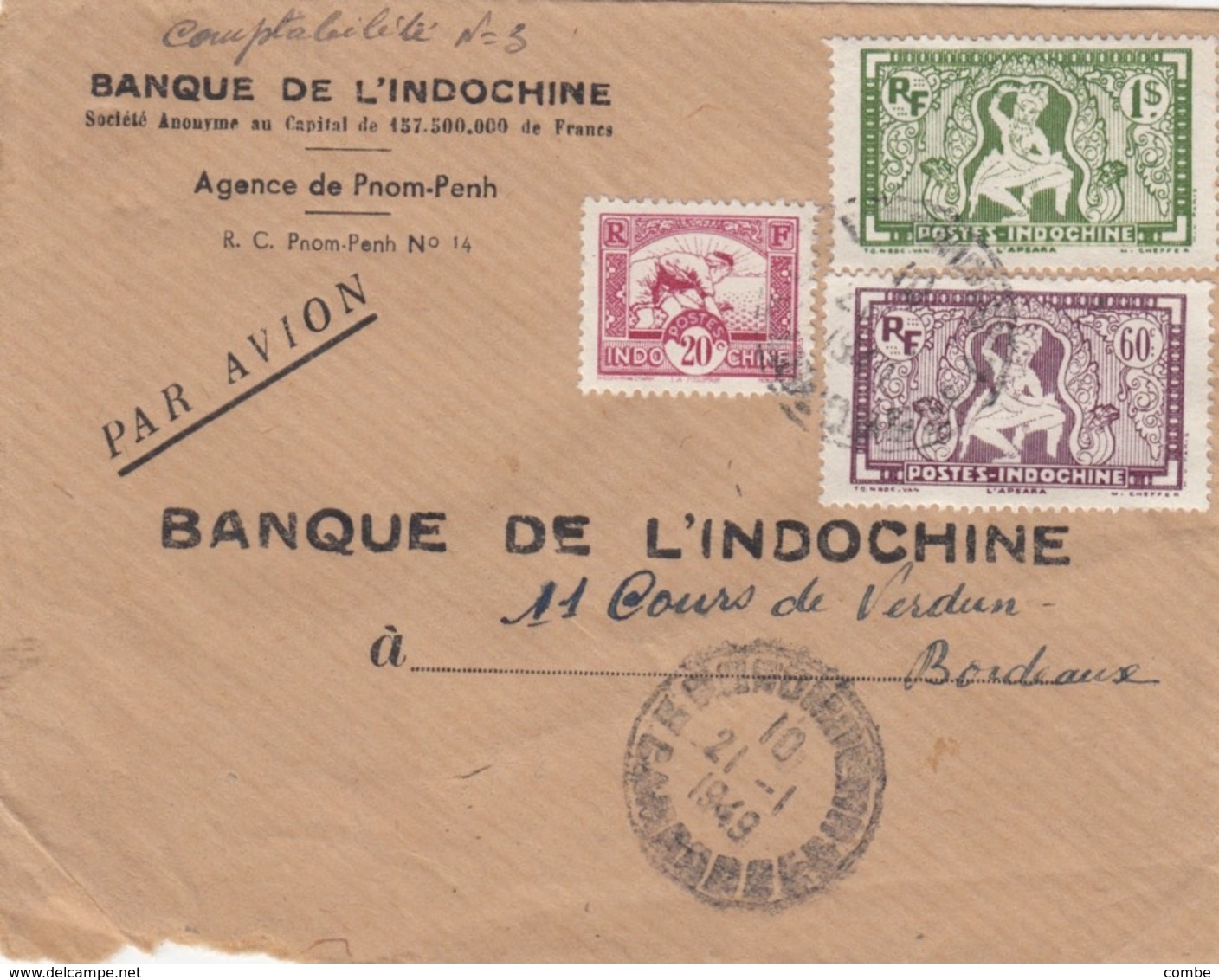 LETTRE INDOCHINE. PAR AVION. 21 1 49. BANQUE DE L'INDOCHINE AGENCE DE PNM-PENH CAMBODGE - Lettres & Documents