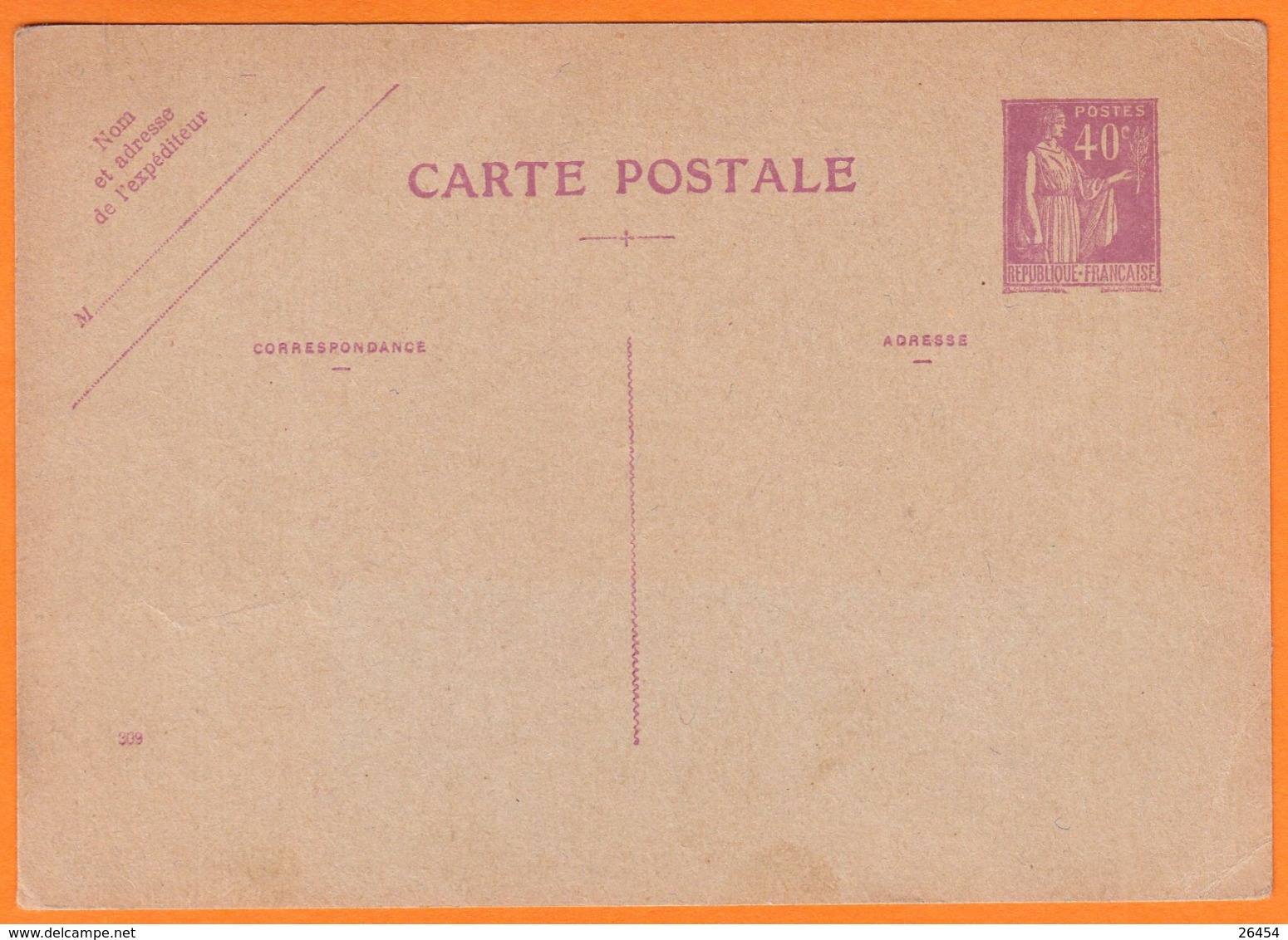 Entier    Type PAIX 40c Lilas   Sur CP    Y.et.T. 351  Avec Lignes Pour L'adresse NEUF   Carton Creme - Cartes Postales Types Et TSC (avant 1995)