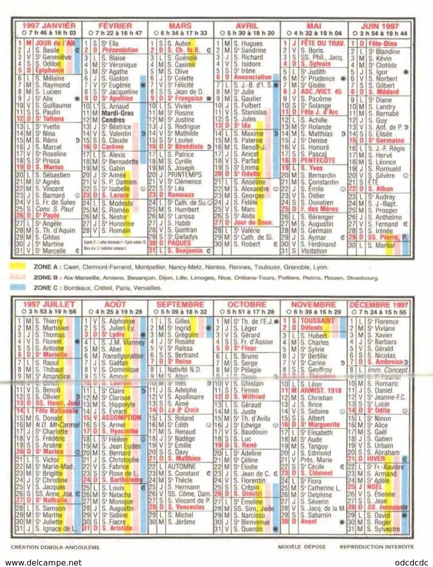 CALENDRIER 1997 Reinette ,tardive Bernard Pharmacien 12 Place De Verdun Tarbes RV - Altri & Non Classificati