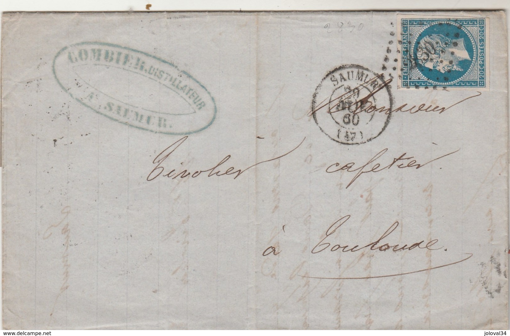 France Yvert 14 Lettre Facture Entête Combier Destre élixir Raspail SAUMUR Maine Et Loire 29/10/1860 PC 2830 à Toulouse - 1849-1876: Période Classique