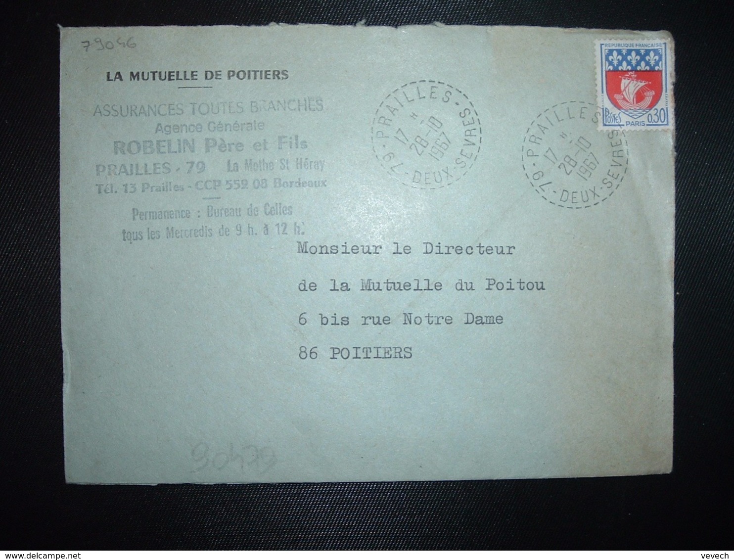 LETTRE TP BLASON PARIS 0,30 OBL. Tiretée 28-10 1967 79 PRAILLES DEUX-SEVRES (79) LA MUTUELLE DE POITIERS ROBELIN Père Et - Cachets Manuels