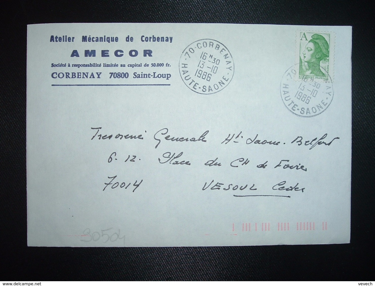 LETTRE TP LIBERTE A VERT OBL.13-10 1986 70 CORBENAY HAUTE-SAONE + AMECOR ATELIER MECANIQUE DE CORBENAY - Altri & Non Classificati