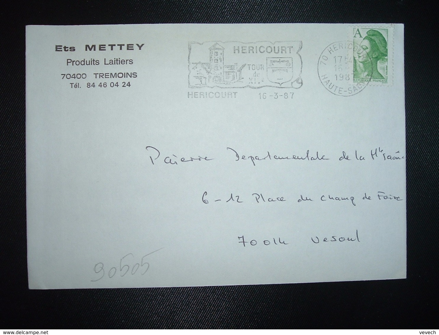 LETTRE TP LIBERTE A VERT OBL.MEC.16-3 1987 70 HERICOURT HAUTE-SAONE + Ets METTEY Produits Laitiers - Other & Unclassified