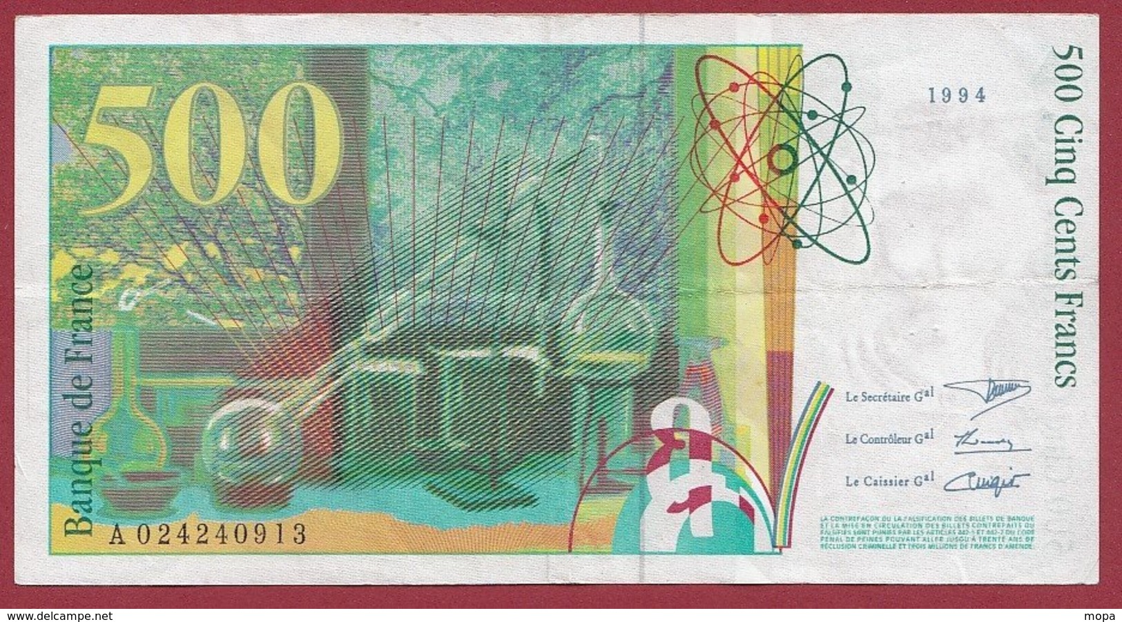 500 Francs "Pierre Et Marie Curie " 1994 --F/TTB+  ----ALPH.A.-- Numéro 024240913 - 500 F 1994-2000 ''Pierre En Marie Curie''