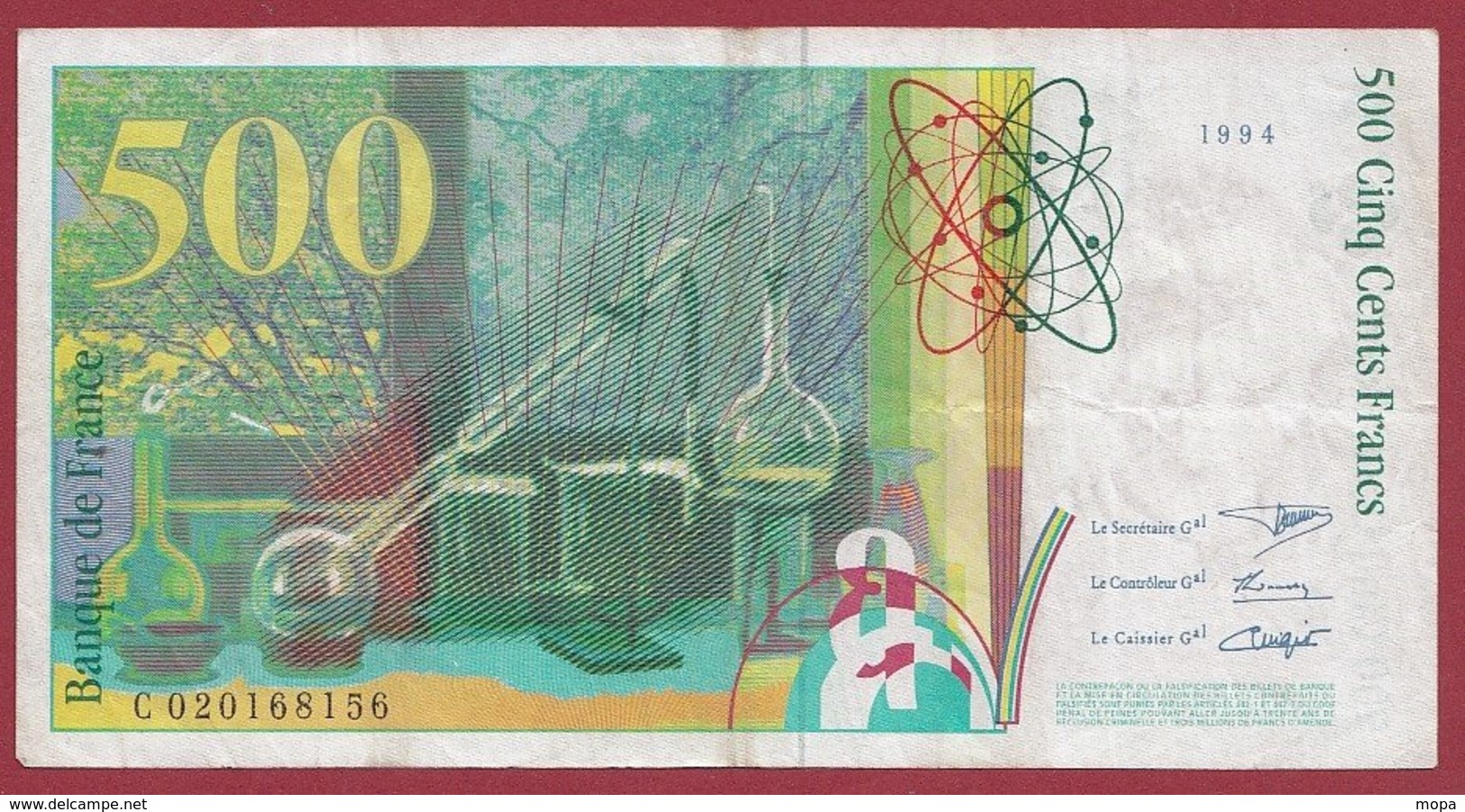 500 Francs "Pierre Et Marie Curie " 1994 --F/TTB+  ----ALPH.C.-- Numéro --020168156 - 500 F 1994-2000 ''Pierre En Marie Curie''