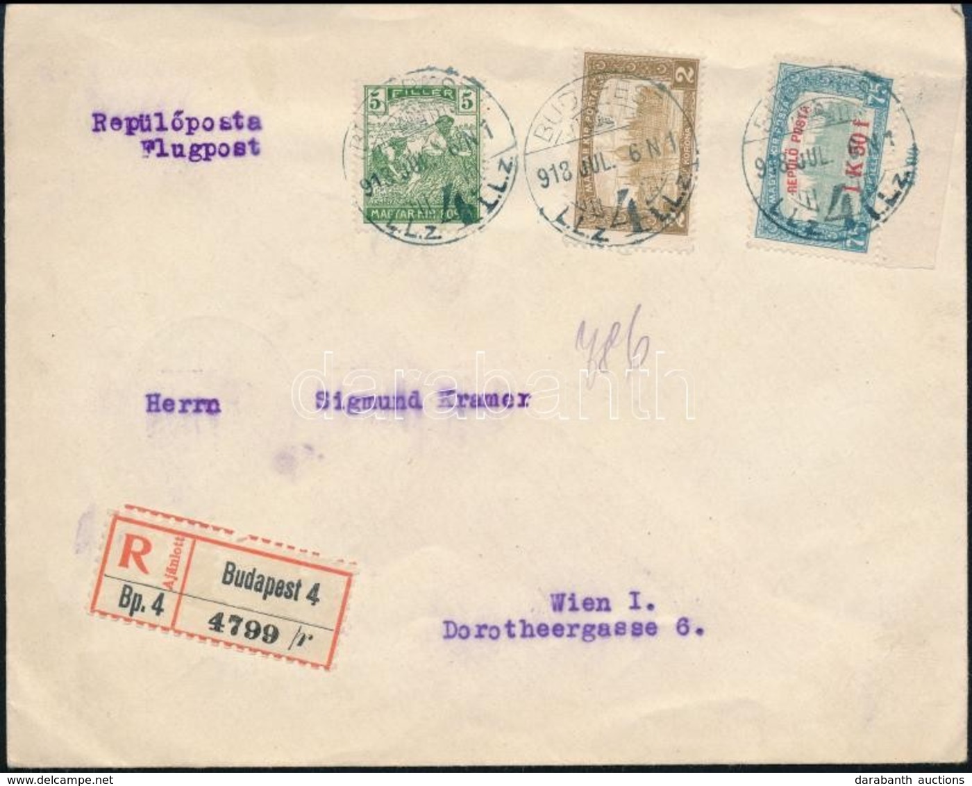 1918.07.06. Ajánlott Légi Levél Bécsbe 1K50f Repülő Posta Bélyeggel + 2,05K Díjkiegészítéssel / Registered Airmail Cover - Other & Unclassified