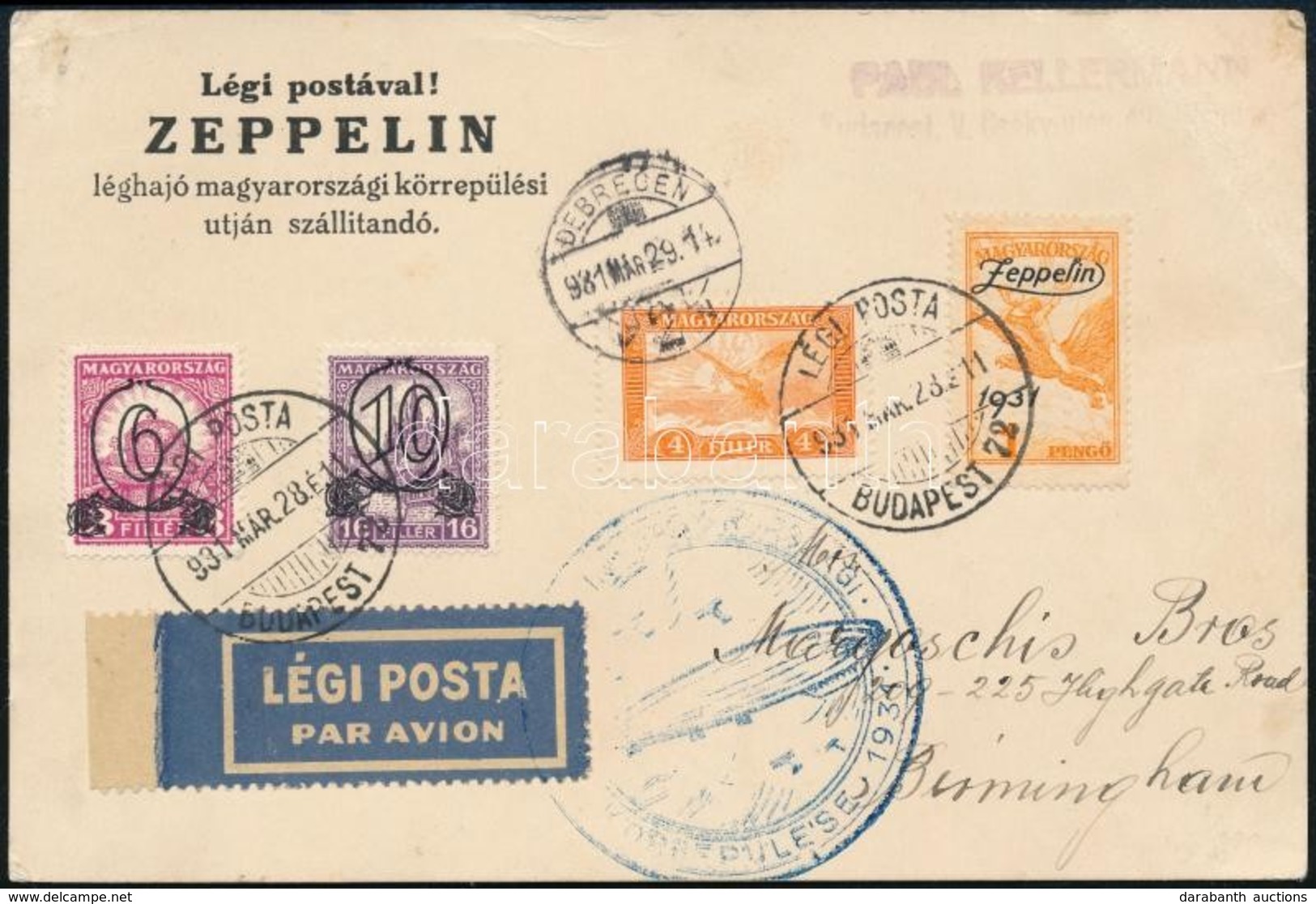 1931 Zeppelin Magyarországi Körrepülés Levelezőlap Zeppelin 1P Bélyeggel, Debreceni Ledobással - Altri & Non Classificati