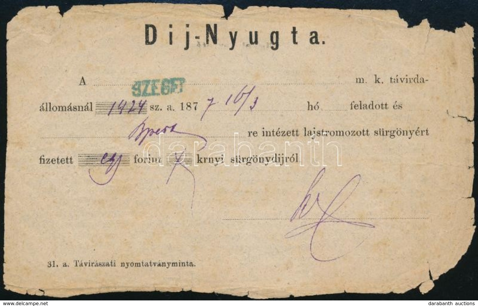 1877 Távirati Díjnyugta Kék 'SZEGED' - Other & Unclassified