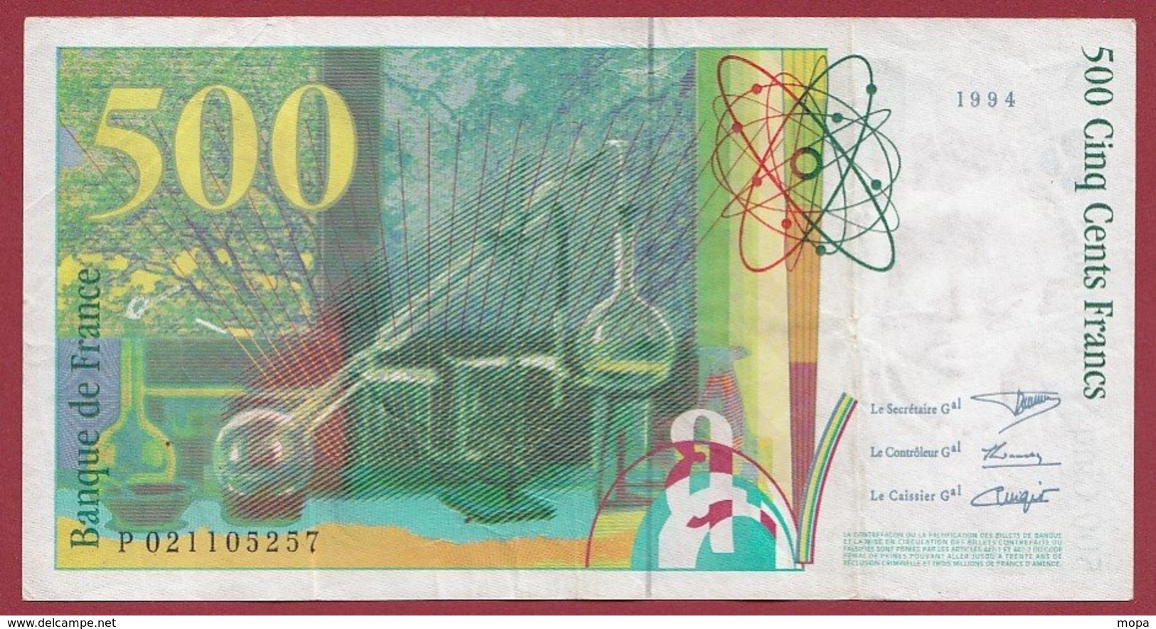 500 Francs "Pierre Et Marie Curie " 1994 --F/TTB+  ----ALPH.P.-- Numéro --021105257 - 500 F 1994-2000 ''Pierre En Marie Curie''