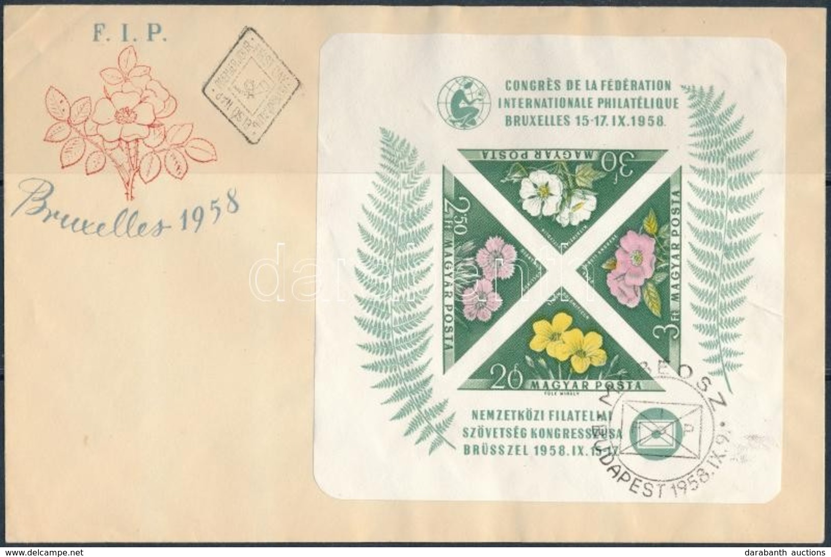 1958 FIP (I.) - Virág (I.) Vágott Blokk Elsőnapi Bélyegzéssel FDC-n - Autres & Non Classés