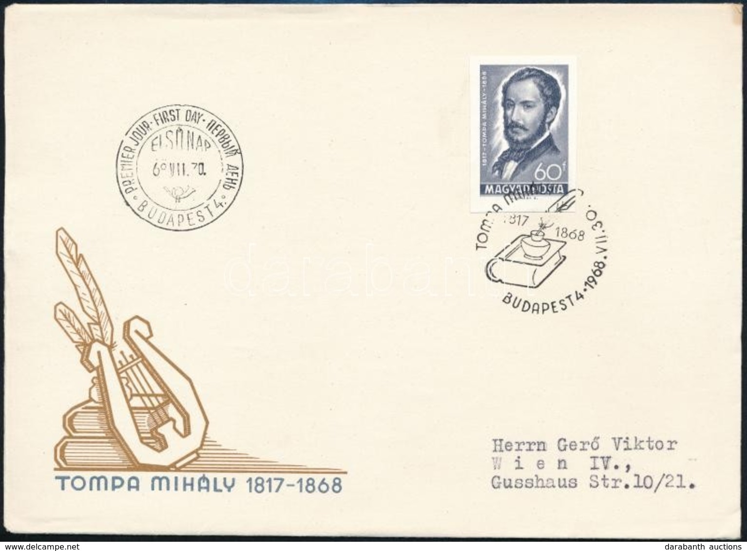 1968 Évfordulók (VI.) Tompa Mihány (1817-1868) Vágott Bélyeg FDC-n - Sonstige & Ohne Zuordnung