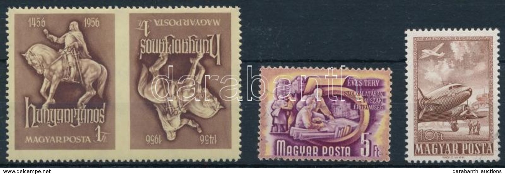 ** O 1950 Repülő 10Ft + 1951 Ötéves Terv II 5Ft Bélyegezve + 1956 Hunyadi Középen Vágott Fordított Pár Postatiszta - Sonstige & Ohne Zuordnung