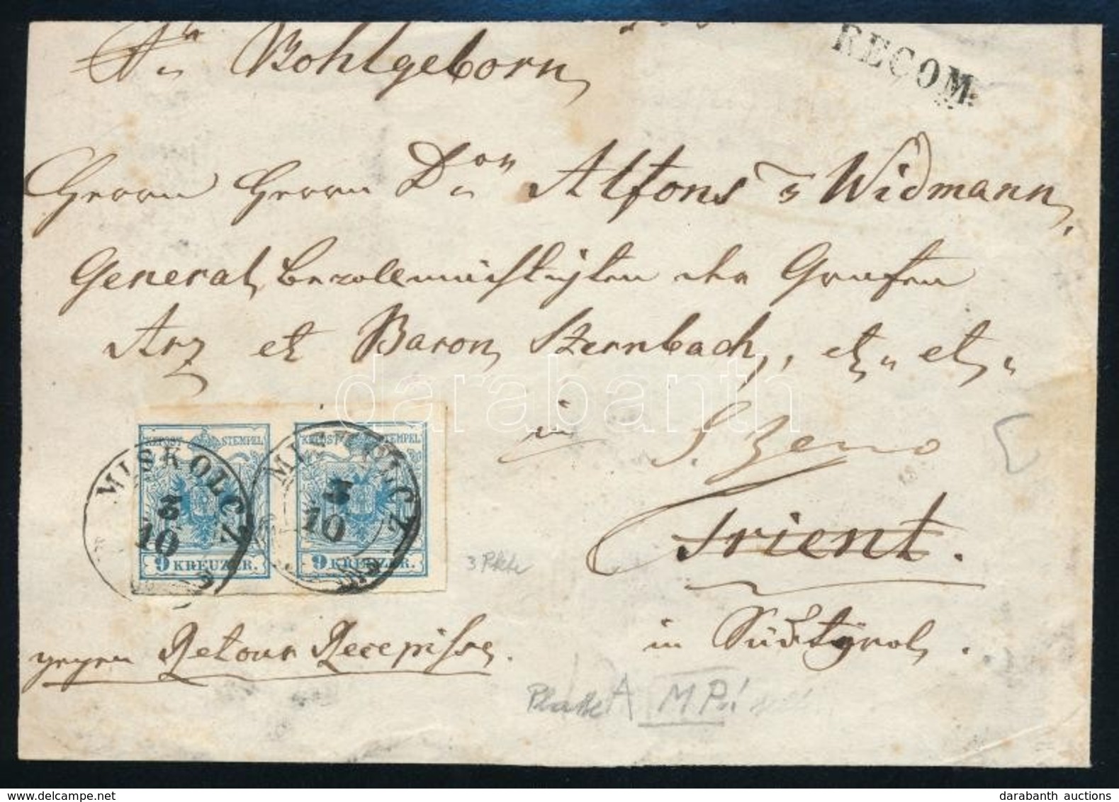 1850 9kr Pár Ajánlott Levél Előlapon ,,MISKOLCZ' - Sonstige & Ohne Zuordnung