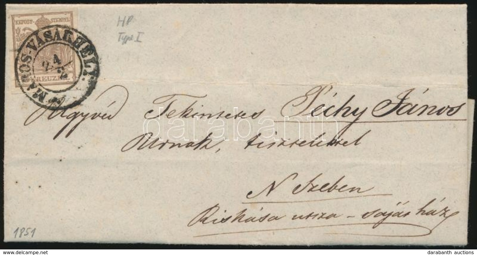 1851 6kr MP I. (regiszterhajtás) Levélen ,,MAROS-VÁSÁRHELY' - N. Szeben - Other & Unclassified