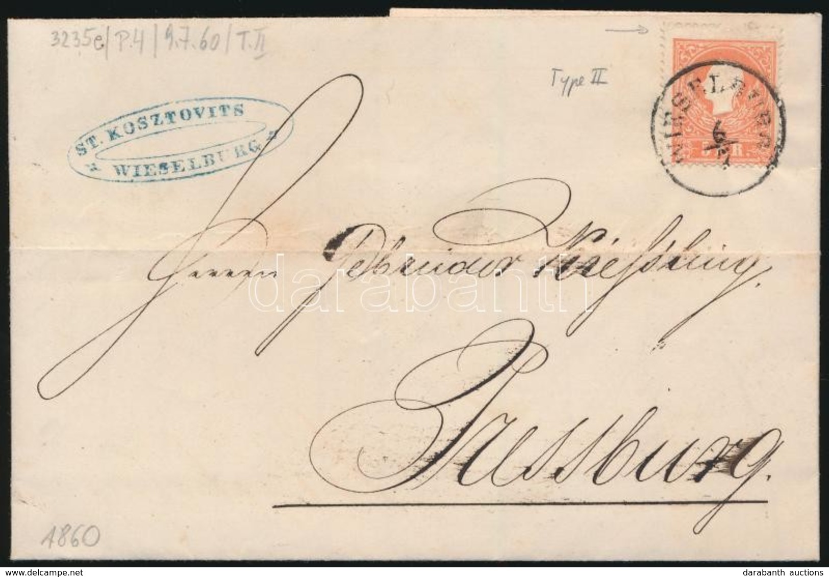 1860 5kr II. Felül Ollóval Vágva ,,WIESELBURG' - ,,PRESSBURG' - Otros & Sin Clasificación