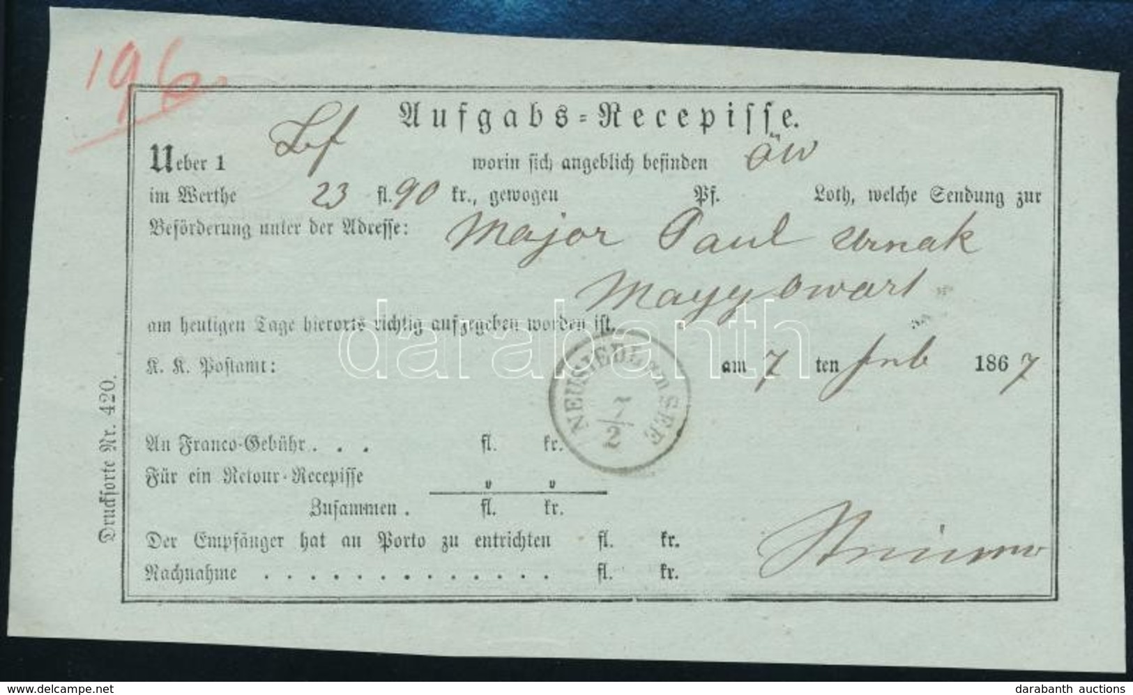 1867 Aufgabs Recepisse ,,NEUSIEDL Am See' - Altri & Non Classificati