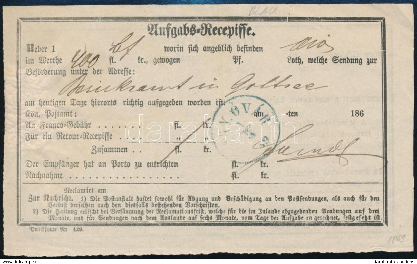 1869 Aufgabs Recepisse Kék ,,MAGY-ÓVÁR' - Sonstige & Ohne Zuordnung