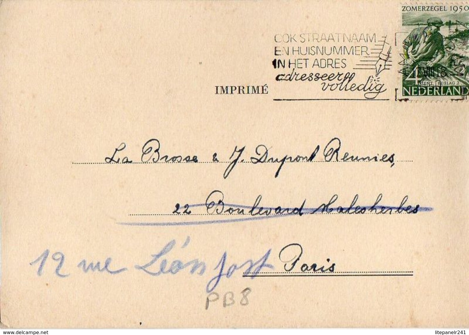 PB08 Pays-Bas Lettre De Labouchere & Co Du 21-08-1950 Avec Flamme, Cachet Poste. Postée à Birmingham En Pays-Bas - Postal History