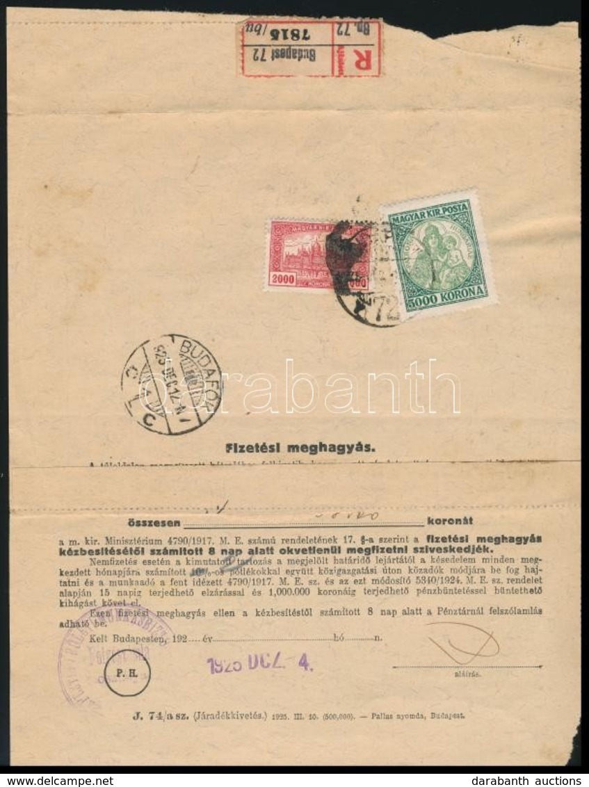 1925 (16. Díjszabás) Ajánlott Fizetési Meghagyás Budapestről Budafokra - Other & Unclassified