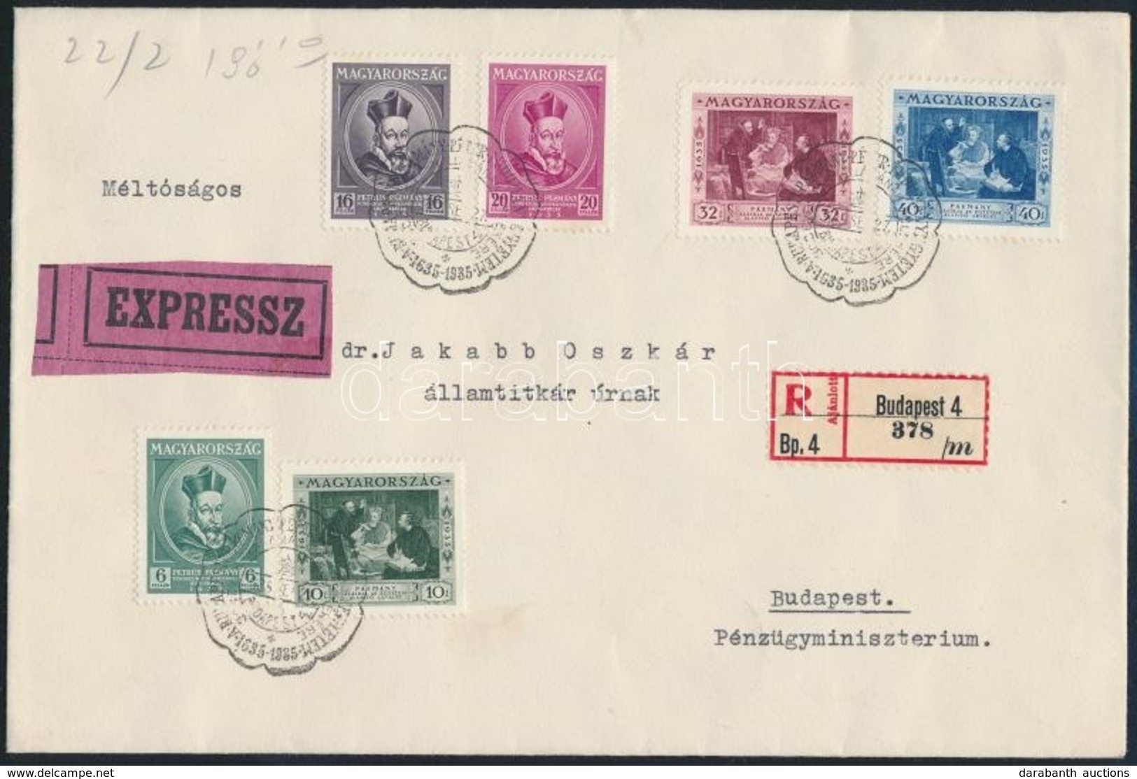 1935 Pázmány Sor Expressz Ajánlott FDC-n - Other & Unclassified