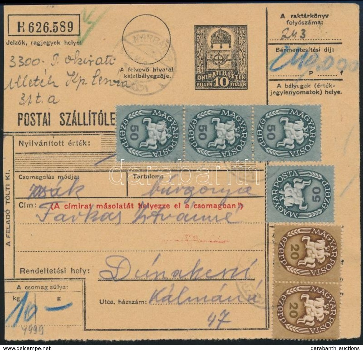 1946 (10. Díjszabás) Csomagszállító Levél 10 Kg-ig Lovasfutár 2 X 20ezerP + 4 X 50ezerP Bérmentesítéssel, Okirati Illeté - Altri & Non Classificati