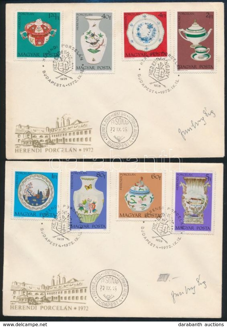 1972 Herendi Porcelán Sor 2 FDC-n A Tervező Zombory Éva Grafikus Művész Aláírásával - Other & Unclassified