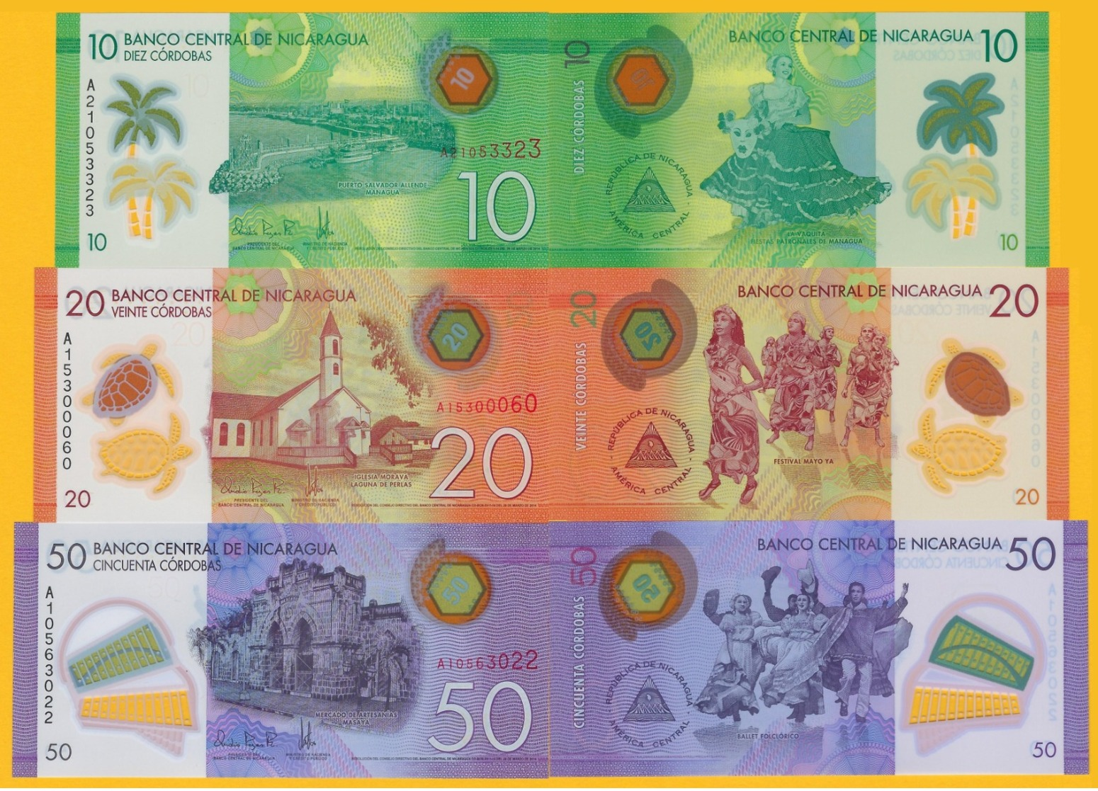 Nicaragua Set 10, 20, 50 Cordobas P-209, 210, 211 2014 UNC Polymer Banknotes - Nicaragua