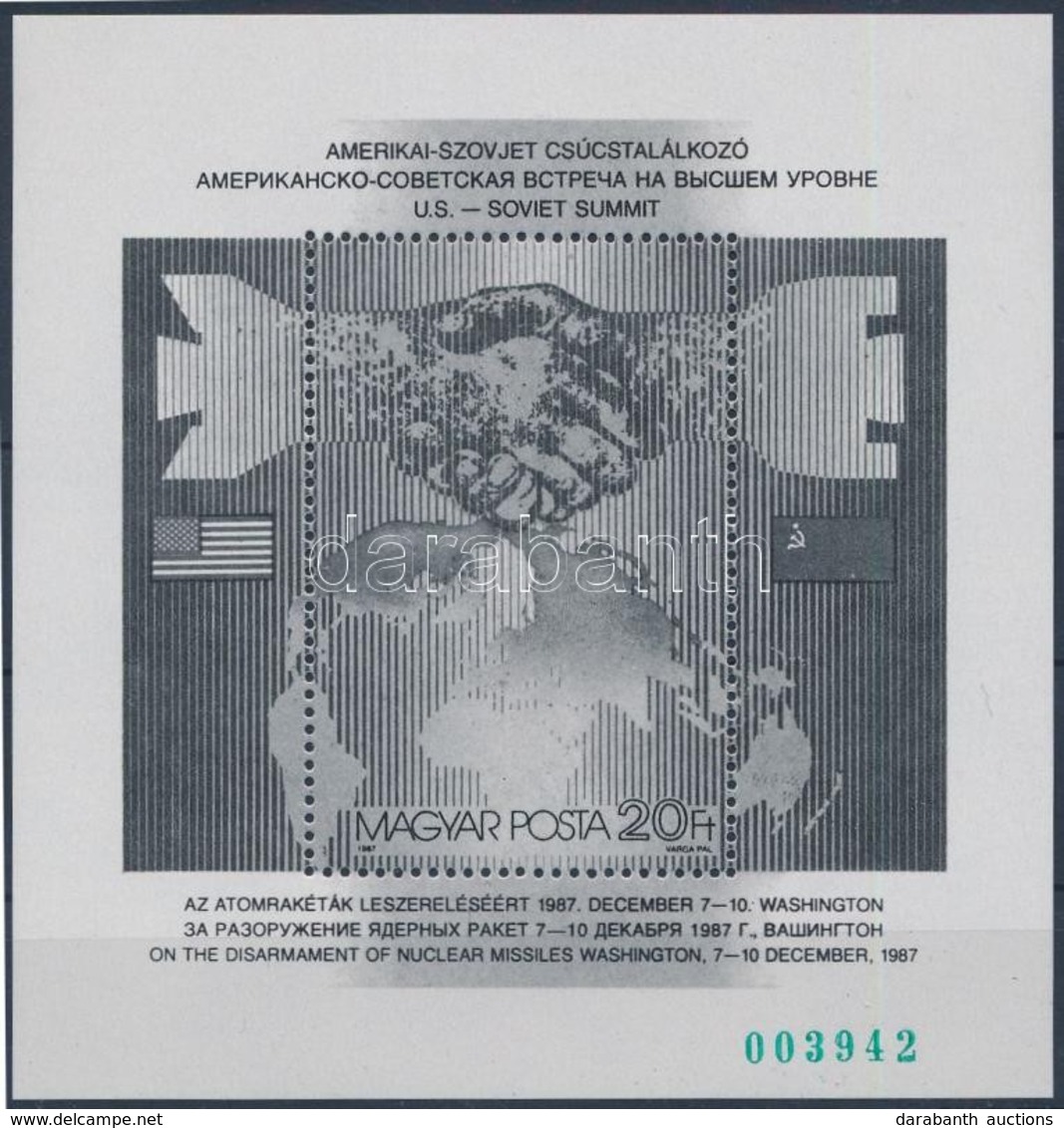 ** 1987 Amerikai-Szovjet Csúcstalálkozó Blokk Feketenyomat Zöld Sorszámmal (6.000) - Sonstige & Ohne Zuordnung