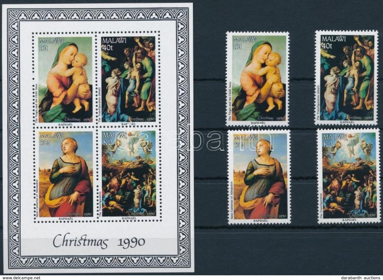 ** 1990 Karácsony, Festmények Sor + Blokk,
Christmas, Paintings Set + Block
Mi 561-564 + Mi 73 - Otros & Sin Clasificación