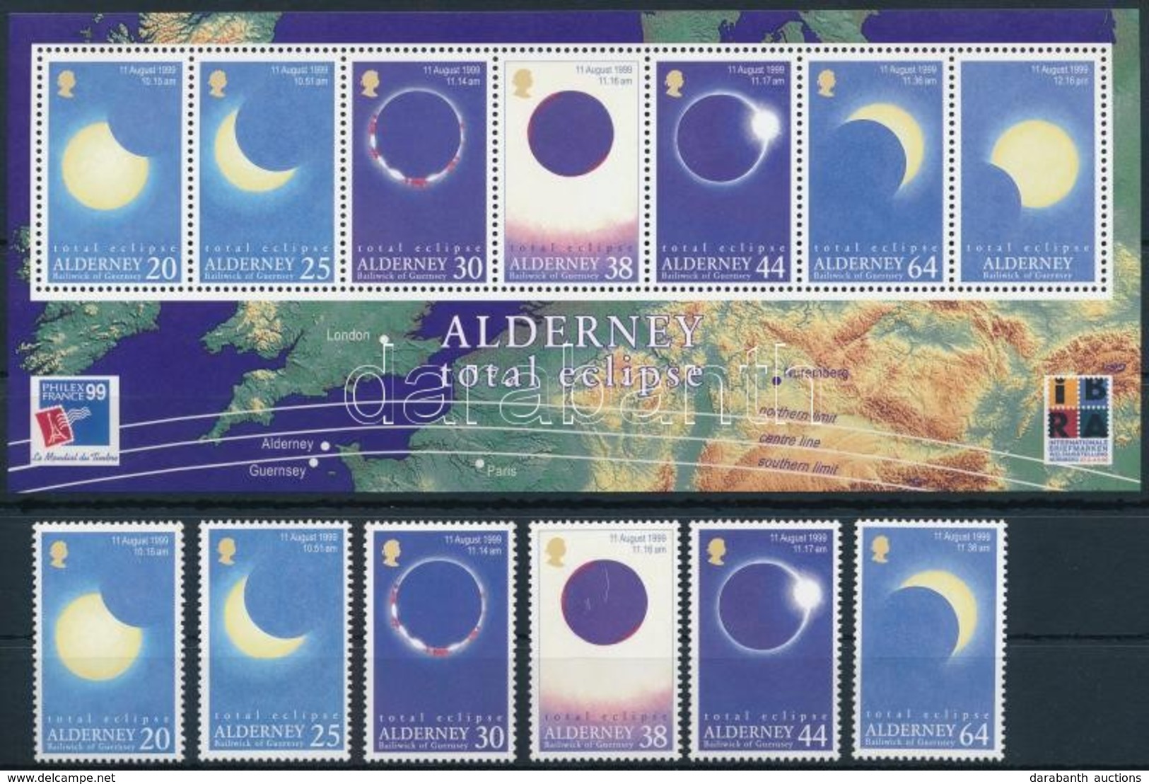 ** 1999 Teljes Napfogyatkozás Sor + Blokk,
Total Eclipse Set + Block
Mi 131-136 + 6 - Sonstige & Ohne Zuordnung