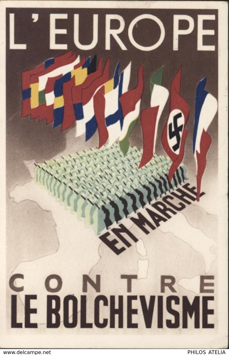 Guerre 39 CP L'Europe En Marche Contre Bolchevisme YT Mercure Orange 415 CAD Bolchevisme Contre Europe Paris 14 4 42 - 2. Weltkrieg 1939-1945