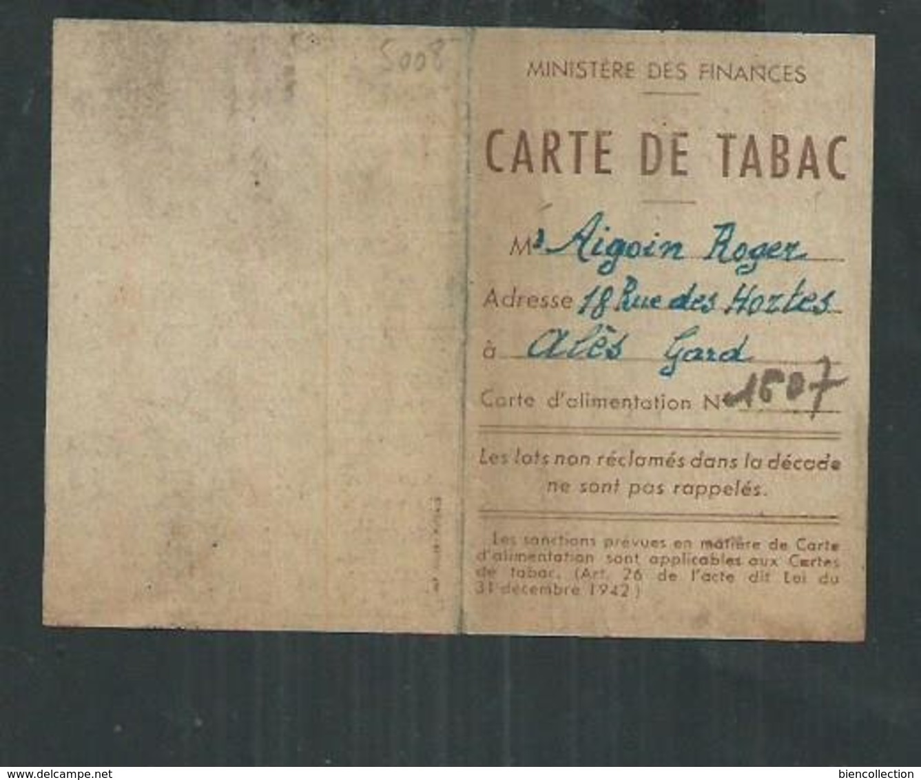 Gard: Carte De Tabac Faite à Alès - Dokumente