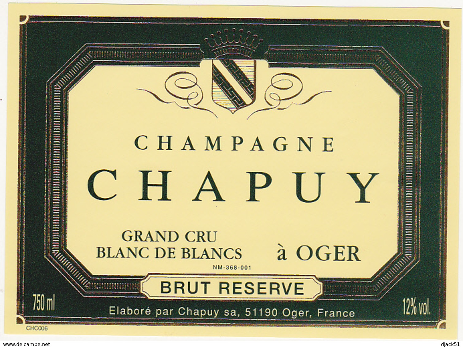 Etiquette Champagne  BRUT RESERVE GRAND CRU BLANC DE BLANCS / Chapuy Sa. (51) OGER / 750 Ml - Champagne