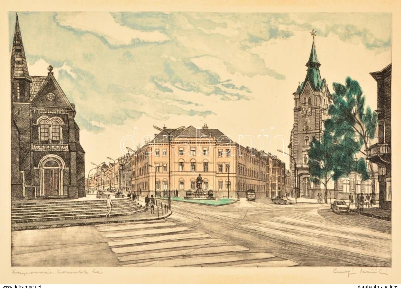 Csurgói Máté Lajos (1931-2001): Kaposvár. Színezett Rézkarc, Papír-karton, Jelzett, 27×40 Cm - Sonstige & Ohne Zuordnung