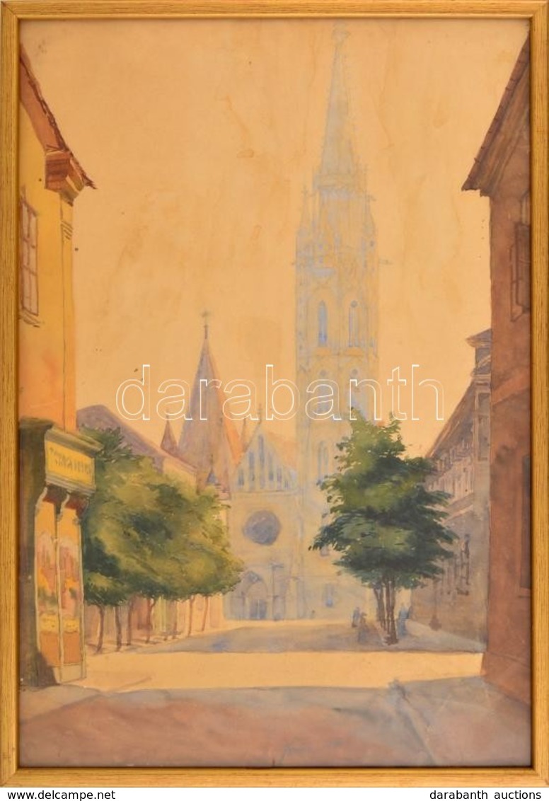 Förstner Tivadar (1878-1935): Mátyás Templom 1921. Akvarell, Papír, Jelzett, üvegezett Keretben, Apró Szakadással, Folto - Other & Unclassified