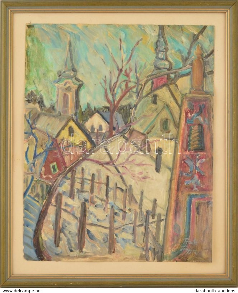 Frank Jelzéssel: Téli Háztetők. Olaj, Papír, Keretben, 41×34 Cm - Sonstige & Ohne Zuordnung