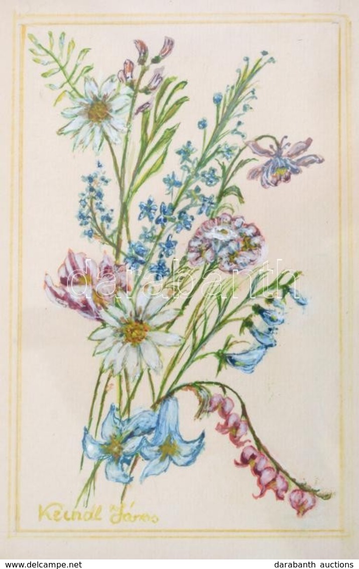 Kunál János: Mezei Virágok. Akvarell, Papír,jelzett, üvegezett Fa Keretben, 18x11 Cm - Other & Unclassified