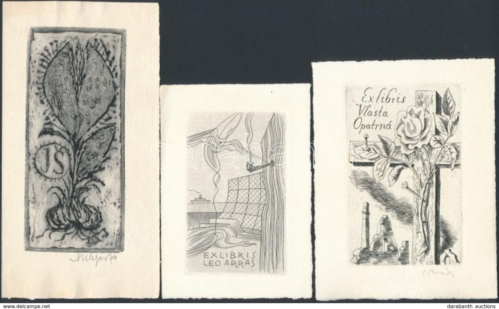 3 Csehszlovál Ex Libris Rézkarc, Papír,  Jelzett,  / Etched Bookplates, - Sonstige & Ohne Zuordnung