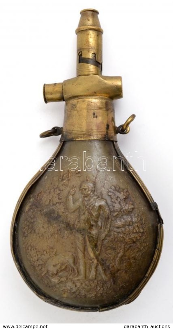 XIX. Sz.: Vadász Lőportartó. Réz, Fém, Szaru. 17 Cm / Gunpowder Holder. Copper, Metal, Tusk. 17 Cm - Autres & Non Classés