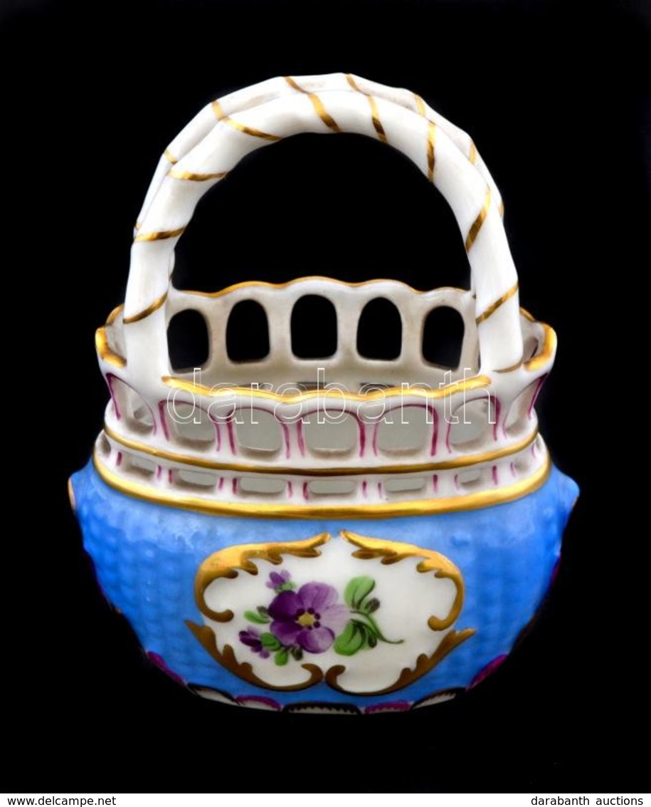 Herendi Virágmintás Porcelán Kosárka, Kézzel Festett, Jelzett, Hibátlan, M: 8,5 Cm - Autres & Non Classés