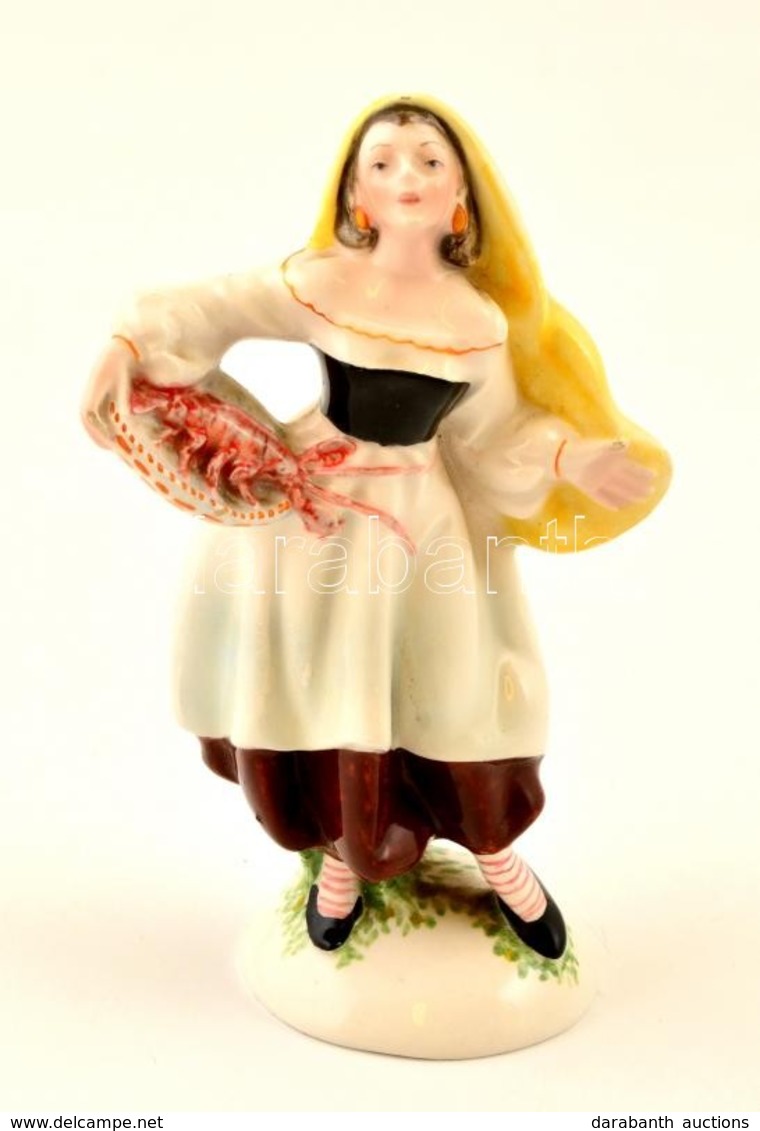 Jelzett (Italy) Kézzel Festett Mázas Porcelán Kendős Asszony Figura, Apró Kopásnyomokkal,  M:13,5 Cm - Sonstige & Ohne Zuordnung