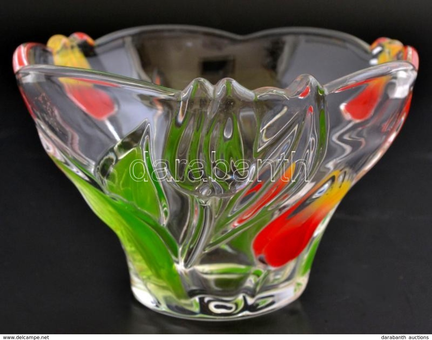 Festett üveg Formába öntött Tulipános Dísztál, Apró Kopásokkal, D: 16 Cm - Glass & Crystal