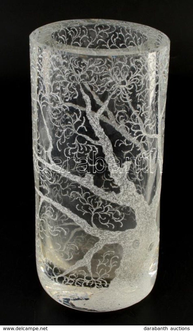 Ólomkristály Váza, Homok Fújt Mintával, Jelzés Nélkül, Hibátlan, M: 23 Cm - Glass & Crystal
