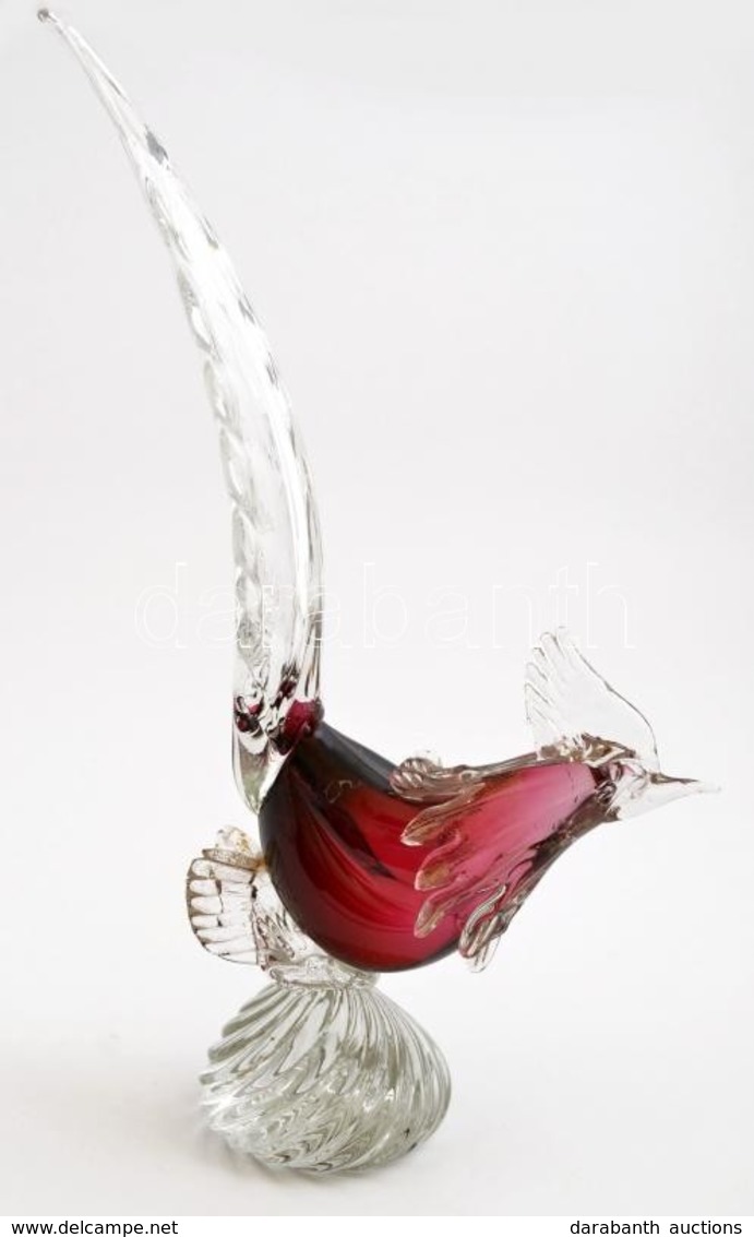 Archimede Seguso: Fújt Aranyfácán, Plasztikus Rátétekkel, Több Rétegű, Két Helyen Köszörülés Nyomaival, M: 43 Cm - Glass & Crystal