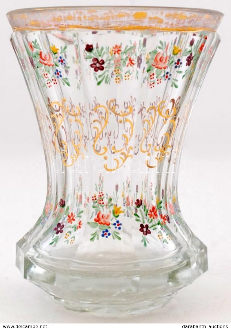 Cca 1860 Emlékpohár, Formába Fúvott üveg, Csiszolt, Zománc Festett, Kopott Aranyozott Peremmel, M:13cm /circa 1860 Memor - Glass & Crystal