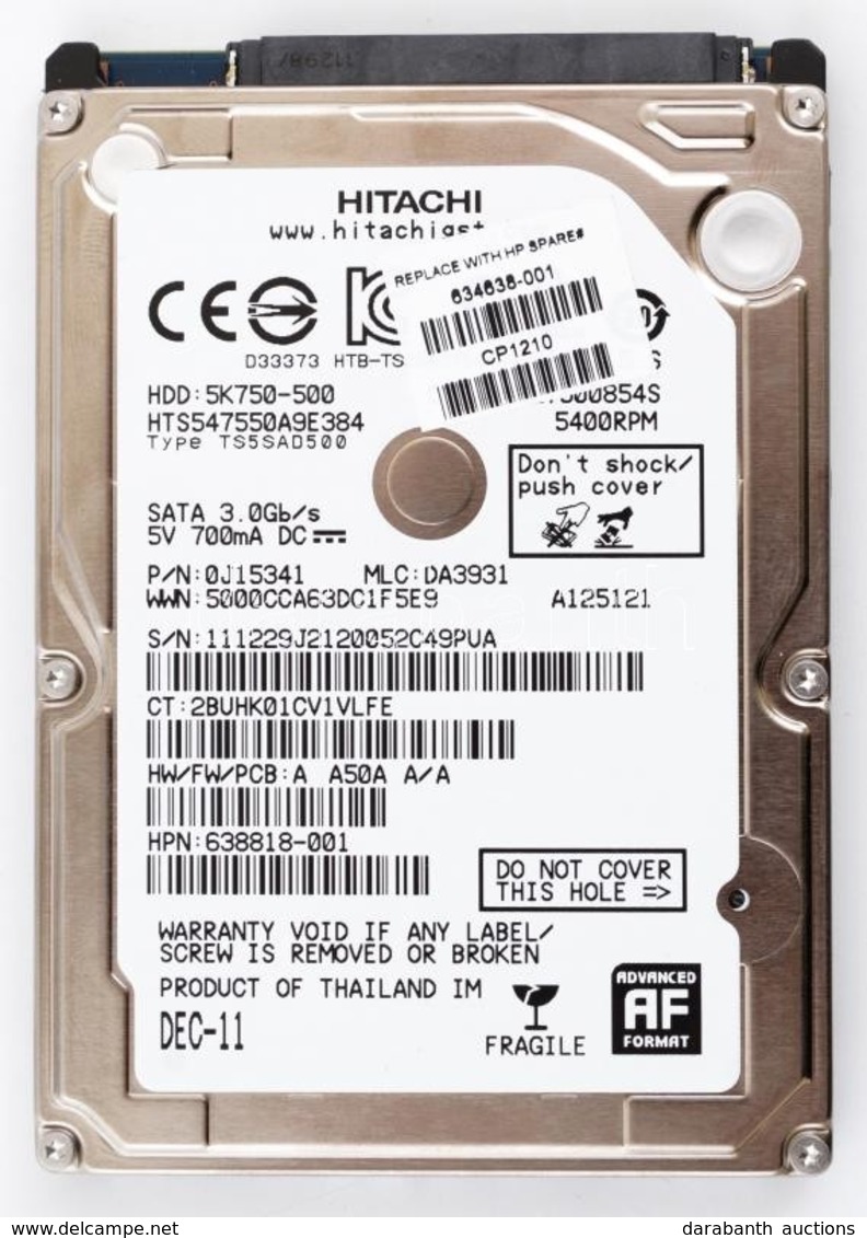 Használt Merevlemez.
Hitachi Travelstar 5K750 500GB 8MB 5400rpm HTS547550A9E384 
Átmérő: 2,5 Inch 
Keveset Használt. 51  - Other & Unclassified