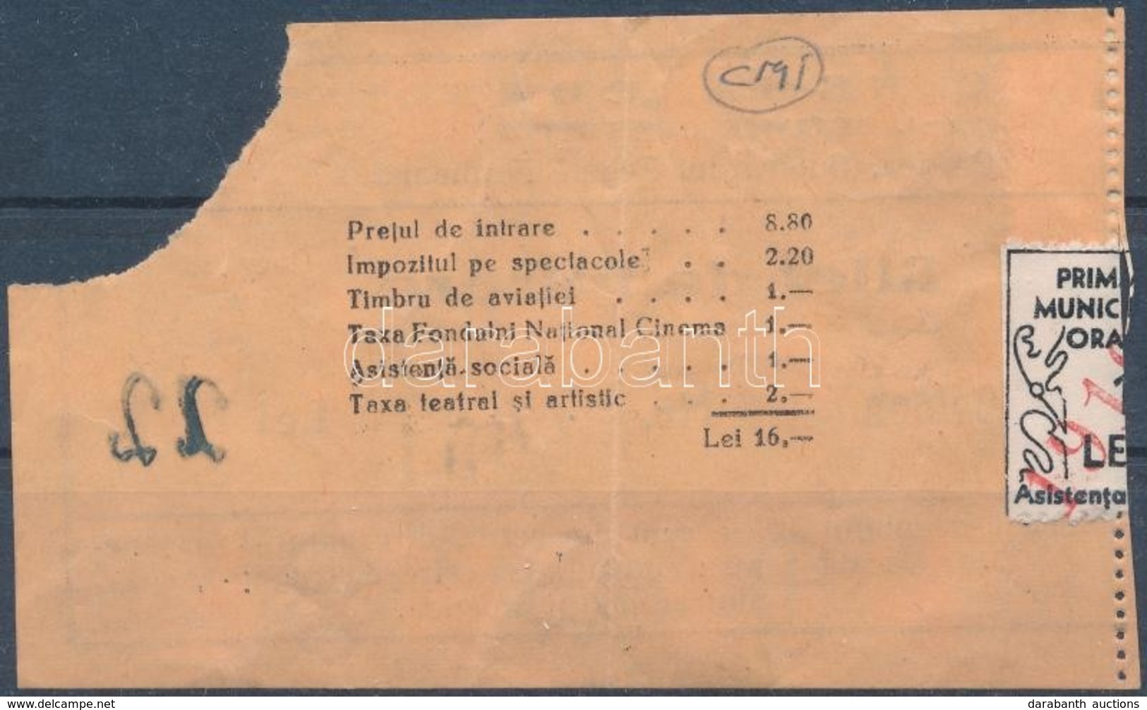 1930-as ével Nagyvárad Mozi Belépő, Hátoldalán Felezett 2 Leu Segélybélyeg, Sorszámozott, Nincs Katalogizálva - Unclassified